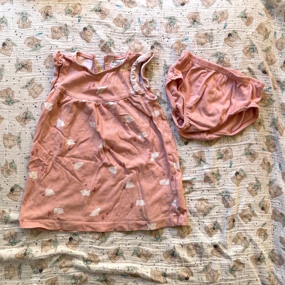 Carter's | Pink Toddler Dress featuring White Bunnies with Matching Bloomers